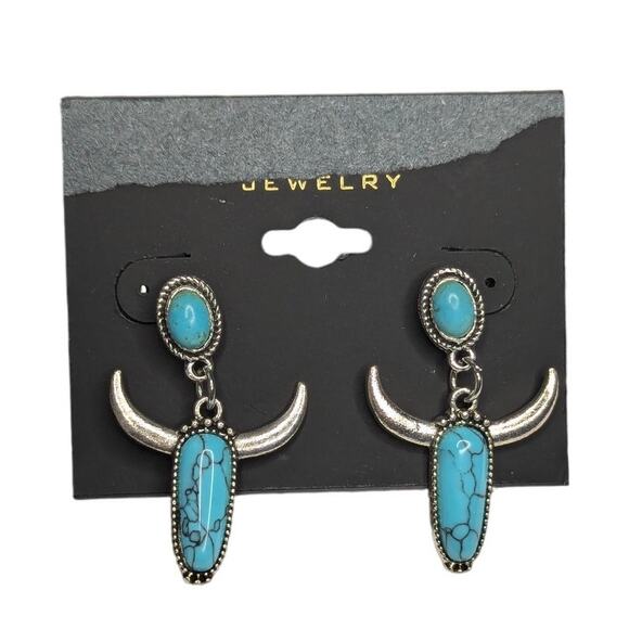 Turquoise Western Steer Bull Head Earrings - Picture 1 of 7
